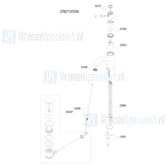 Damixa onderdelen Tradition wastafelmengkraan 1-greeps trekwaste 3782100