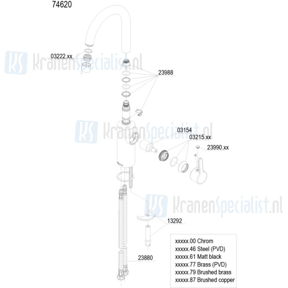 Damixa onderdelen Silhouet wastafelmengkraan Medium met hoge uitloop 7462061 / 7462077 / 7462079 / 7462087 7462000 / 7462046