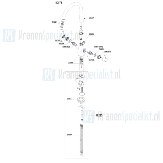 Damixa onderdelen Bell 2-greeps keukenmengkraan c-uitloop 9007800