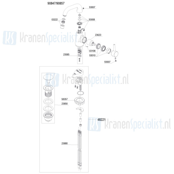 Damixa onderdelen Bell 1-greeps wastafelmengkraan 1-greeps u-uitloop z. waste 9085700