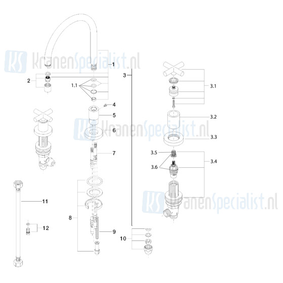 Dornbracht onderdelen Tara 3-gats tweegreeps keukenmengkraan 200 / 235mm uitloop 2071289000 / 2071289006