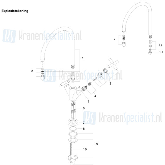 Dornbracht onderdelen Tara 1-gats tweegreeps keukenmengkraan 235mm uitloop 2281589000 / 2281589006