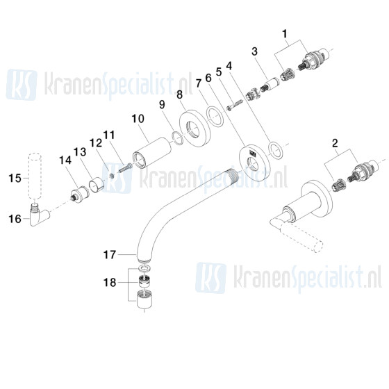 Dornbracht onderdelen Tara Classic driegats inbouw wastafelkraan 170mm / 200mm uitloop 3670588000 / 3670588006 / 3671088000 / 3671088006