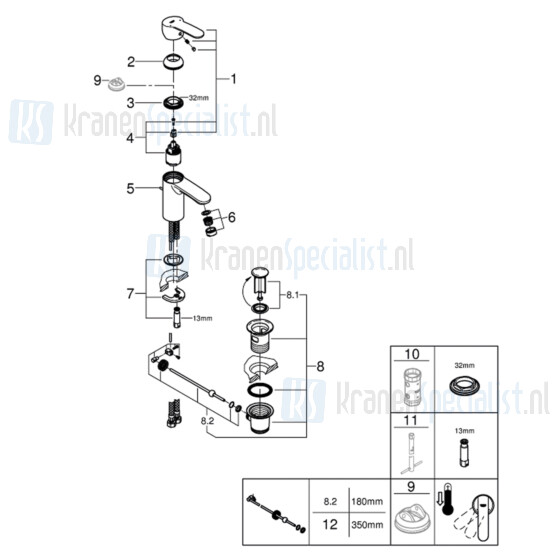 Grohe onderdelen Wave Cosmopolitan Wastafelmengkraan S-Size met waste Chroom 23202000 / 23204000