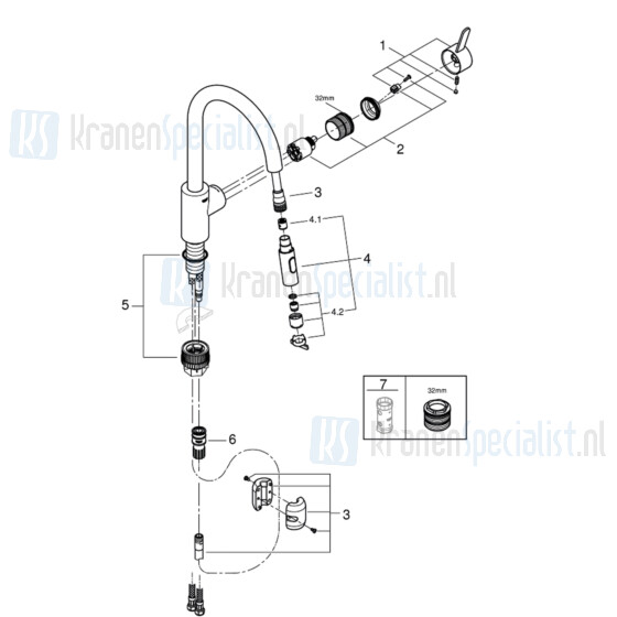 Grohe onderdelen Get 1-greeps keukenmengkraan met hoge uittrekbare uitloop Chroom 31484001