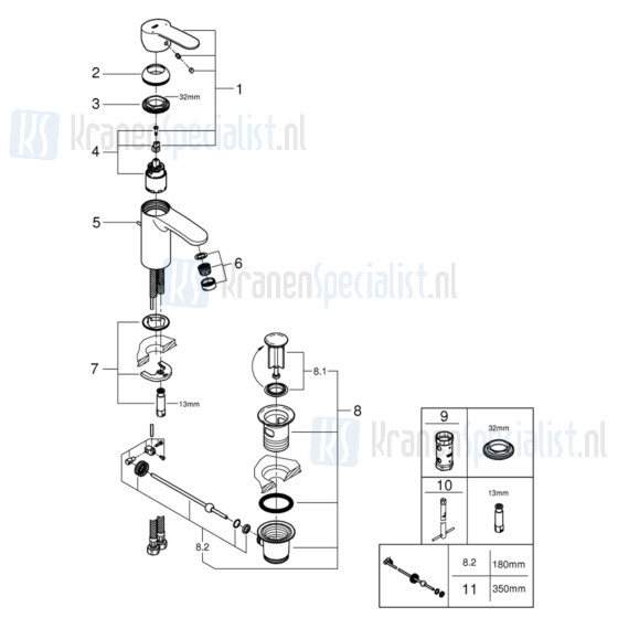 Grohe onderdelen Eurostyle Cosmopolitan Wastafelmengkraan S-Size metalen greep 3355220E