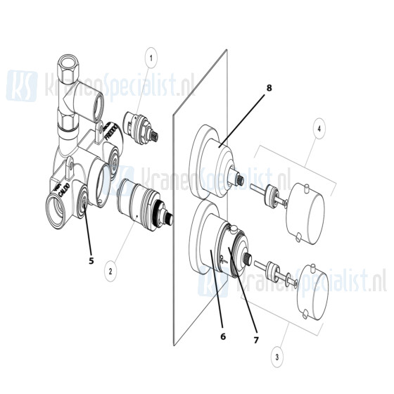 Gessi Onderdelen  inbouwdouchethermostaat z. omstel m. stopkraan 1/2" compleet Chroom / Inox 13331.031 / 13331.142