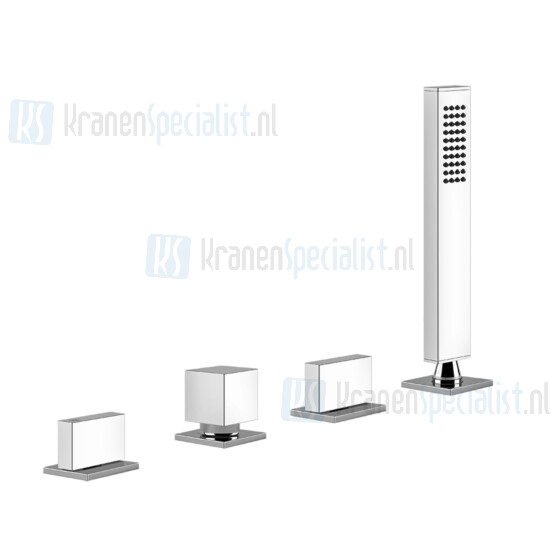 Gessi Rettangolo T Viergats badrandcombinatie 1/2 met omstel doucheslang 150 cm en uittrekbare handdouche met antikalk. Toepasbaar met badvulover Zwart Metaal Geborsteld Artikelnummer 20343.707