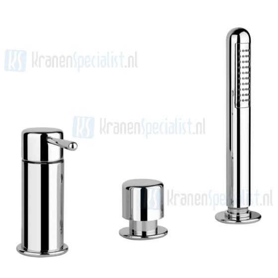 Gessi Goccia Driegats badrandmengkraan met omstel en 1/2 aansluitingen doucheslang 150 cm en uittrekbare handdouche met antikalk. Toepasbaa Geborsteld Chroom Artikelnummer 33638.147