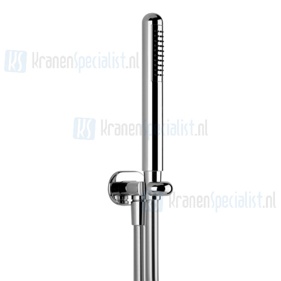 Gessi Goccia Slangaansluitknie 1/2 met vaste wandhouder doucheslang 150 cm en handdouche met antikalksysteem compleet. Geborsteld Chroom Artikelnummer 33773.147