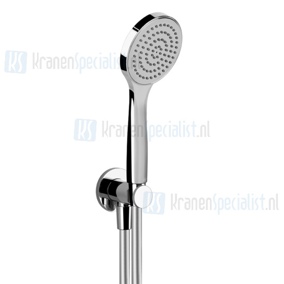 Gessi Emporio Shower Slangaansluitknie 1/2 met vaste wandhouder doucheslang 150 cm en handdouche met antikalksysteem compleet. Chroom Artikelnummer 38723.031