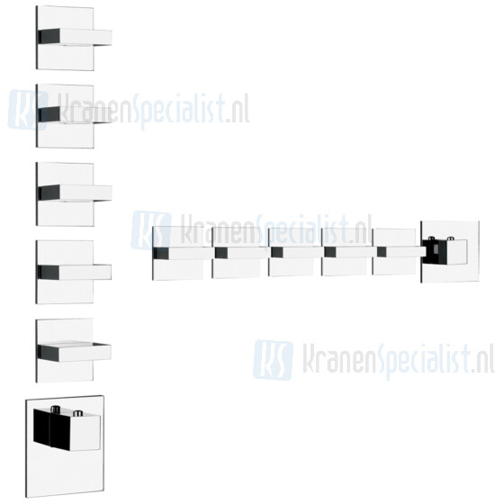 Gessi Rettangolo Wellness Afbouwdeel voor inbouwthermostaatkraan 3/4 met hoog debiet. Geschikt voor verticale of horizontale montage met VIJF APARTE UITG Geborsteld Koper Artikelnummer 43220.708