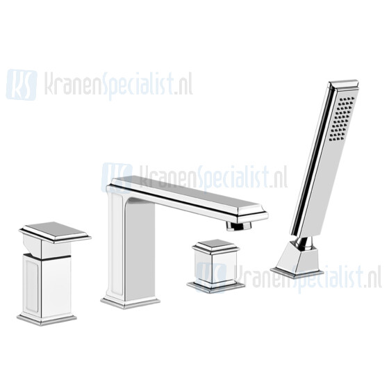 Gessi Eleganza 4-gats badrandcombinatie met baduitloop en omstel 1/2 aansluiting en 150 m uittrekbare handdouche. Finox Artikelnummer 46037.149