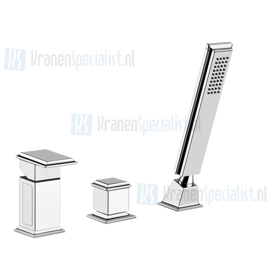 Gessi Eleganza 3-gats badrandcombinatie met omstel 1/2 aansluiting en 150 m uittrekbare handdouche. Te gebruiken met vuller via overloop. Verouderd Messing Artikelnummer 46043.713