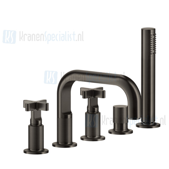 Gessi Inciso 5-gats badrandcombinatie met baduitloop en omstel 15m flexibele slang en uitrekbare handdouche Zwart Metaal Geborsteld Artikelnummer 58140.707