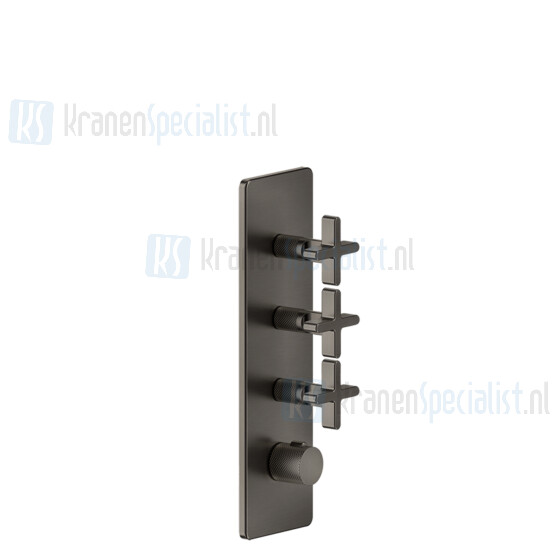 Gessi Inciso Externe onderdelen voor thermostatische ingebouwde mixer met hoge capaciteit 3/4 -aansluitingen. + Handgrepen en unieke plaat. Verticale / horizontale opstelling met DRIE AFZONDERLIJKE EXITES. Werkveld van 05 bar tot 5 bar (voor grotere