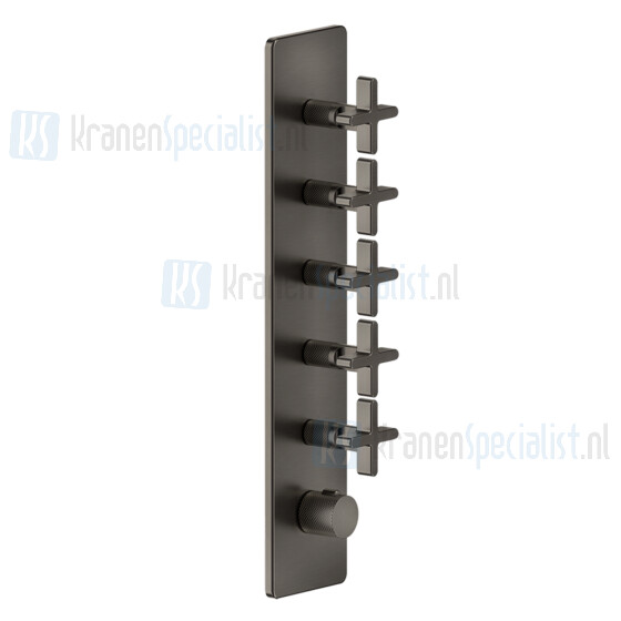 Gessi Inciso Externe onderdelen voor thermostatische ingebouwde mixer met hoge capaciteit 3/4 -aansluitingen. + Handgrepen en unieke plaat. Verticale / horizontale opstelling met FIVE SEPARATE EXITS. Werkveld van 05 bar tot 5 bar (voor grotere drukke