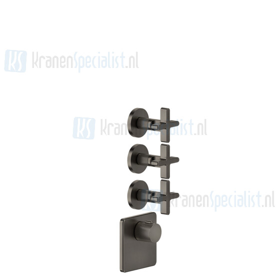 Gessi Inciso Externe onderdelen voor thermostatische ingebouwde mixer met hoge capaciteit 3/4 -aansluitingen. + Handgrepen en gescheiden plaat. Verticale / horizontale opstelling met DRIE AFZONDERLIJKE EXITES. Werkveld van 05 bar tot 5 bar (voor grot