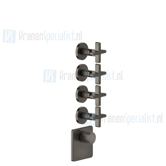 Gessi Inciso Externe onderdelen voor thermostatische ingebouwde mixer met hoge capaciteit 3/4 -aansluitingen. + Handgrepen en gescheiden plaat. Verticale / horizontale opstelling met DRIE AFZONDERLIJKE EXITES. Werkveld van 05 bar tot 5 bar (voor grot