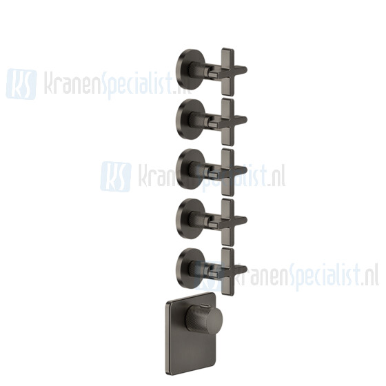 Gessi Inciso Externe onderdelen voor thermostatische ingebouwde mixer met hoge capaciteit 3/4 -aansluitingen. + Handgrepen en gescheiden plaat. Verticale / horizontale opstelling met FIVE SEPARATE EXITS. Werkveld van 05 bar tot 5 bar (voor grotere dr