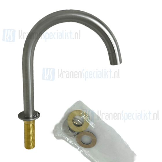 Vola Hoge draaibare uitloop 185 mm 19 mm met waterbesparende mousseur. Montagegat: 21 mm max 29 mm.Bij kraangat groter dan 29 mm rozet A52 gebruiken. Geborsteld RVS Artikelnummer 090G+40