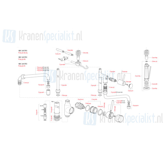 KWC onderdelen GASTRO 1-gats Grootkeukenmengkraan met knijpdouche en tussenkraan K.24.31.04 / K.24.31.60