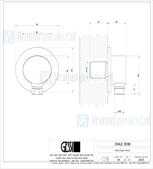 Gessi Ovale Bagno Wandaansluitbocht 1/2. Finox Artikelnummer 23169.149