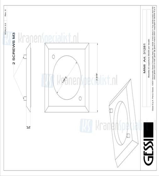 Gessi Technical Accessories Basisplaat 55x55 mm voor artikel 31101 31107 11987 11988 11989 11990. Goud Artikelnummer 31281.080