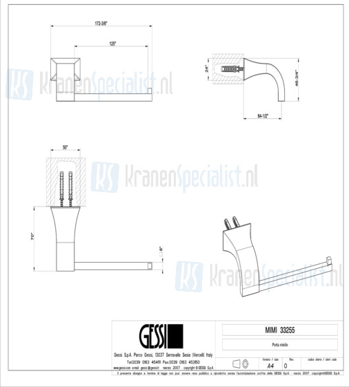 Gessi Mimi Accessorieses Closetrolhouder zonder klep wandmontage (horizontaal en vertikaal te monteren). Finox Artikelnummer 33255.149