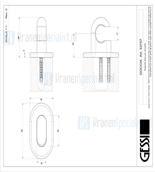 Gessi Goccia Wanddouchehouder vast. Geborsteld Chroom Artikelnummer 33757.147