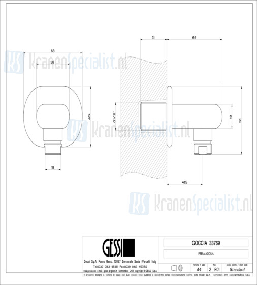 Gessi Goccia Wandaansluitbocht 1/2. Geborsteld Chroom Artikelnummer 33769.147