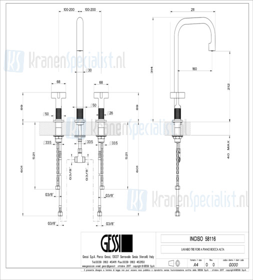 Gessi Inciso 3-gats wastafelmengkraan met uitloop 3/8 aansluitslangen zonder waste. Chroom Artikelnummer 58116.031