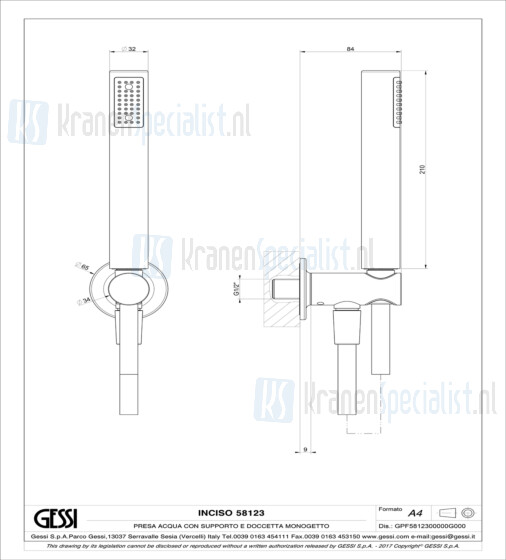 Gessi Inciso Slangaansluitknie 1/2 met vaste wandhouder doucheslang 150 cm en handdouche met antikalksysteem compleet. Brons Artikelnummer 58123.187