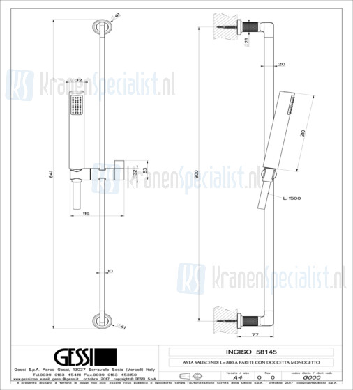 Gessi Inciso Glijstangset met doucheslang 150 cm en handdouche met antikalk. Chroom Artikelnummer 58145.031