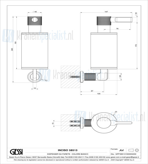 Gessi Inciso Zeepdispenser wit voor wandmontage. Geborsteld Messing Artikelnummer 58513.727