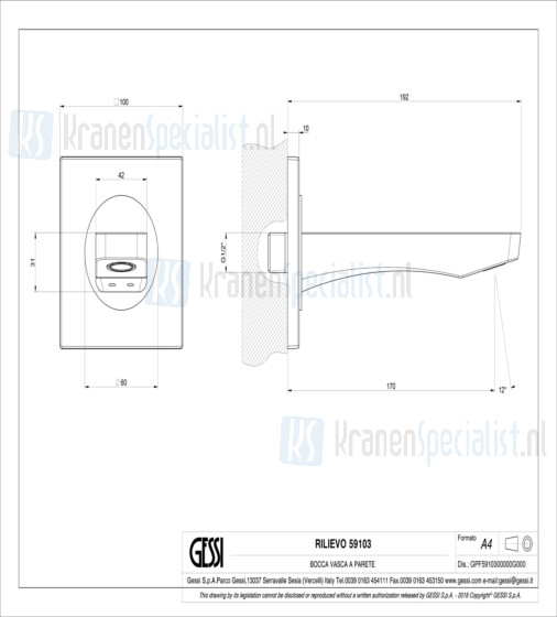 Gessi Rilievo Baduitloop 1/2 wandmontage toepasbaar met apparte bediening. (niet inbegrepen). Chroom Artikelnummer 59103.031